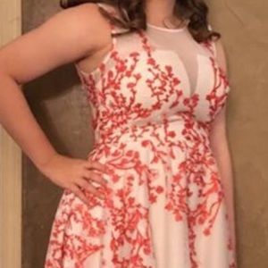 White prom dress w/ red cherry blossom embroidery.